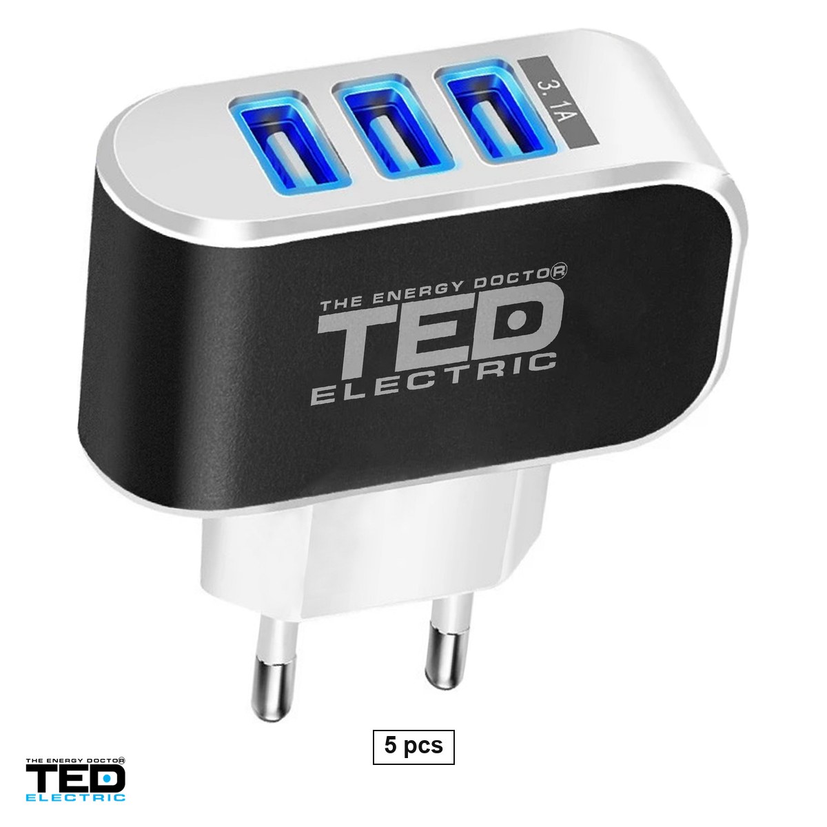 Priza retea - Set 5 incarcatoare de retea TED Electric TED288084, 3x USB, maxim 3,1 A, 15 W, culoare alba