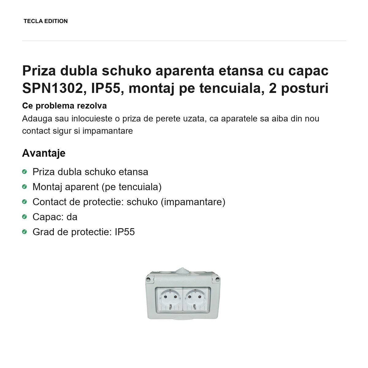 Priza dubla schuko aparenta etansa cu capac SPN1302, IP55, montaj pe tencuiala, 2 posturi [1]