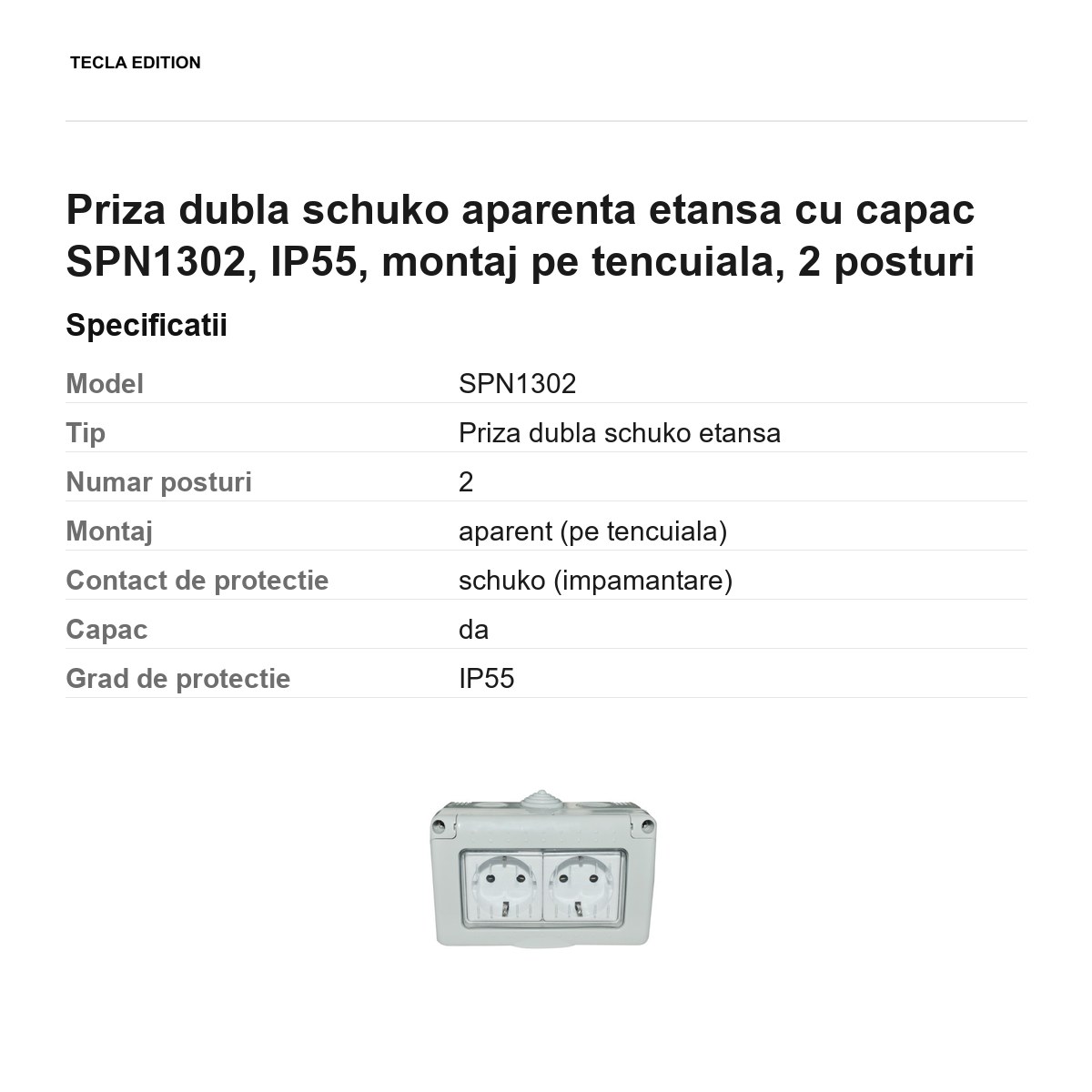 Priza dubla schuko aparenta etansa cu capac SPN1302, IP55, montaj pe tencuiala, 2 posturi [2]