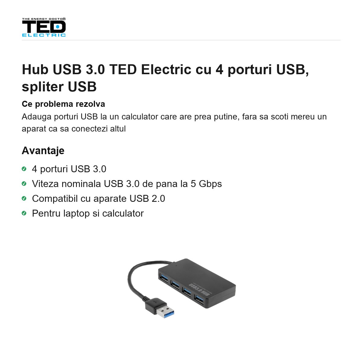 Hub USB 3.0 TED Electric cu 4 porturi USB, spliter USB [1]