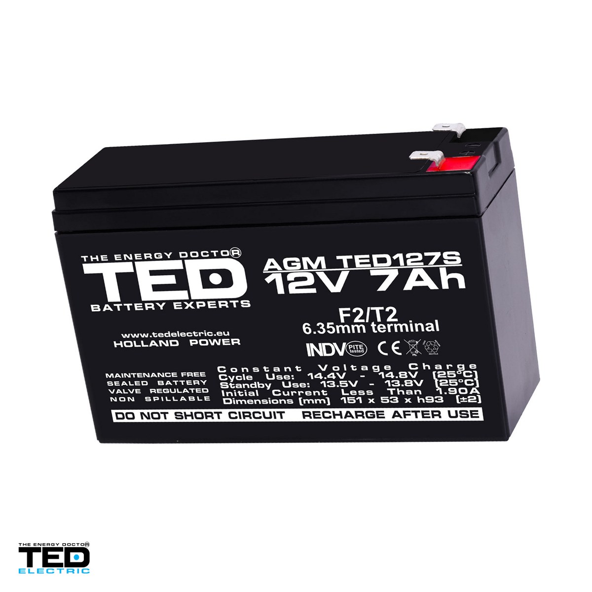 Energy - Acumulator AGM VRLA TED Electric TED127S, 12 V, 7 Ah, 151 x 53 x 93 mm, borne F2, TED003195