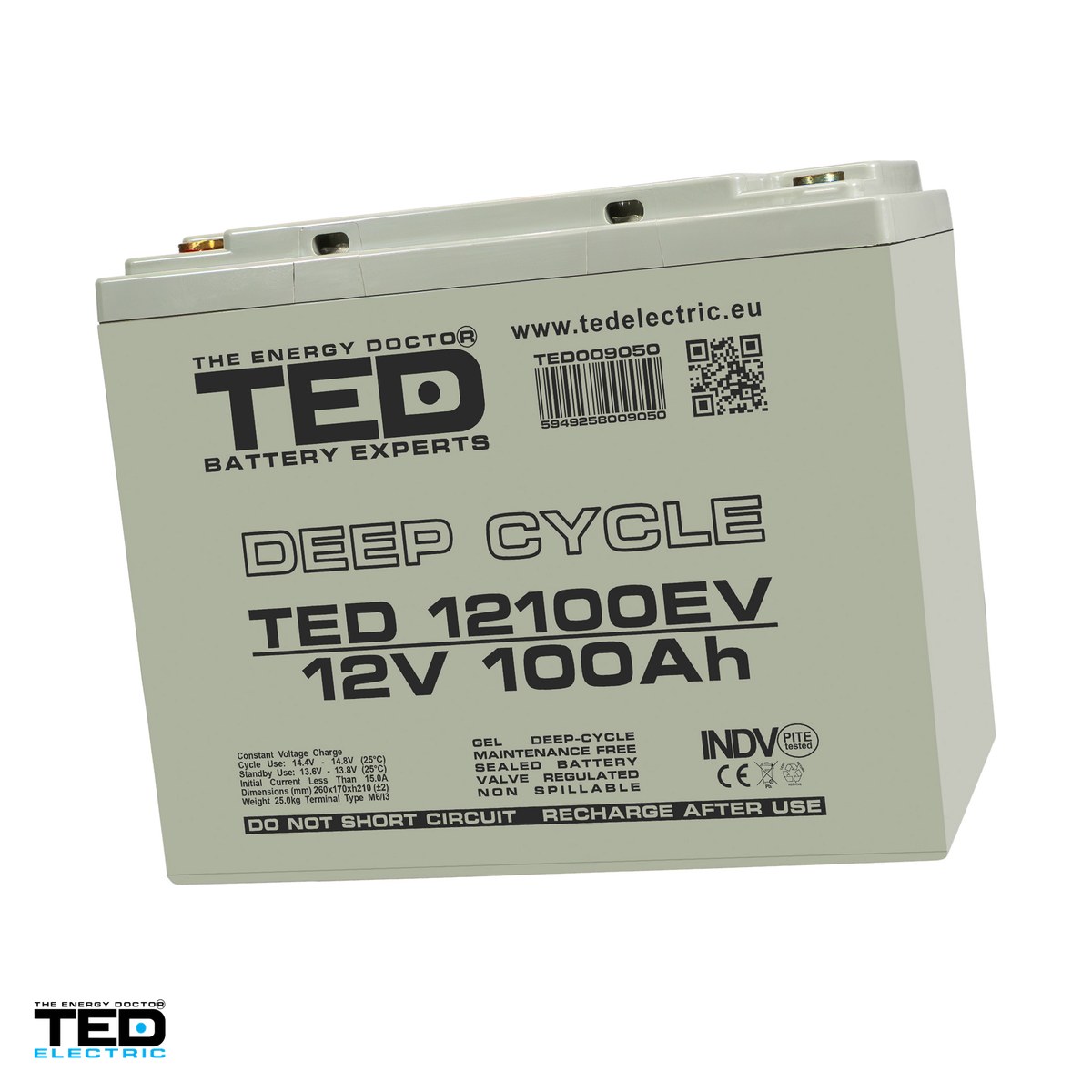 Energy - Acumulator GEL VRLA deep cycle TED Electric TEDEV12100, 12 V, 100 Ah, pentru vehicule electrice, 260 x 170 x 210 mm, borne M6, TED009050