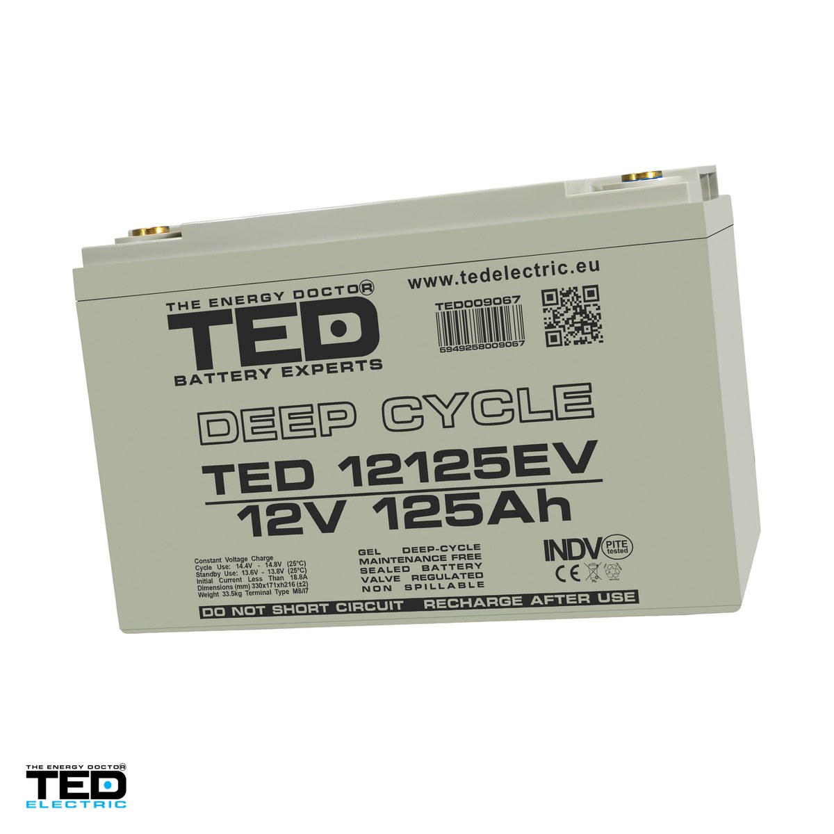 Energy - Acumulator GEL VRLA deep cycle TED Electric TEDEV12125, 12 V, 125 Ah, pentru vehicule electrice, 330 x 171 x 216 mm, borne M8, TED009067