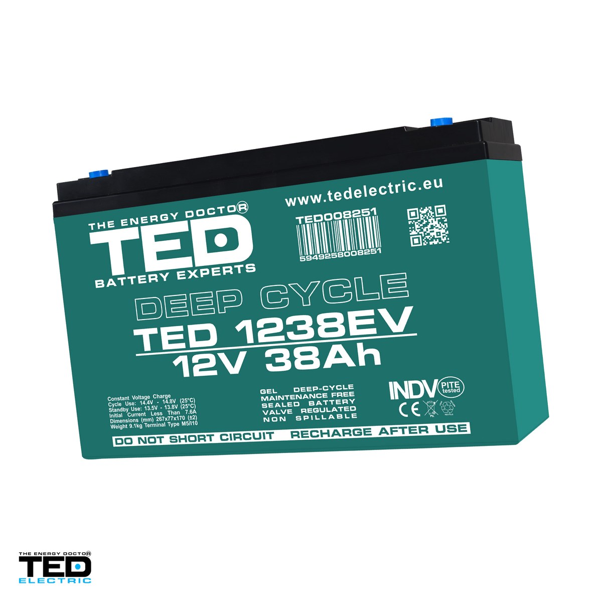 Energy - Acumulator GEL VRLA deep cycle TED Electric TEDEV1238, 12 V, 38 Ah, pentru vehicule electrice, 267 x 77 x 170 mm, borne M5, TED008251