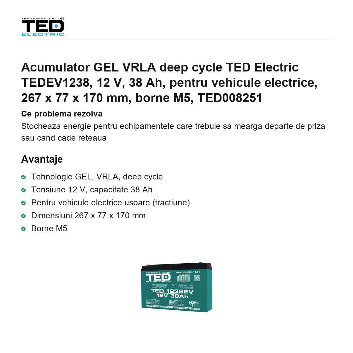 Acumulator GEL VRLA deep cycle TED Electric TEDEV1238, 12 V, 38 Ah, pentru vehicule electrice, 267 x 77 x 170 mm, borne M5, TED008251 [1]