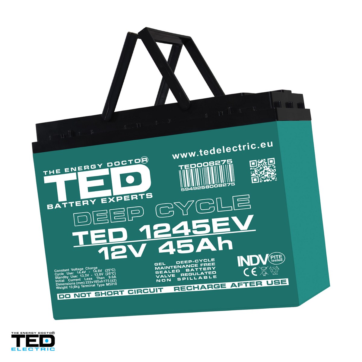 Energy - Acumulator GEL VRLA deep cycle TED Electric TEDEV1245, 12 V, 45 Ah, pentru vehicule electrice, 222 x 105 x 175 mm, borne M5, TED008275