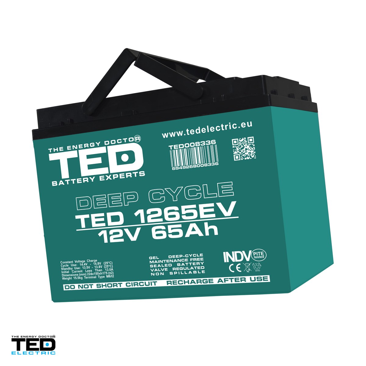Energy - Acumulator GEL VRLA deep cycle TED Electric TEDEV1265, 12 V, 65 Ah, pentru vehicule electrice, 224 x 150 x 175 mm, borne M6, TED008336