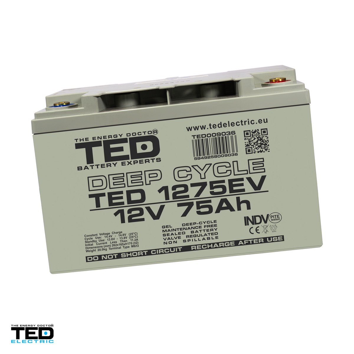 Energy - Acumulator GEL VRLA deep cycle TED Electric TEDEV1275, 12 V, 75 Ah, pentru vehicule electrice, 262 x 165 x 170 mm, borne M6, TED009036