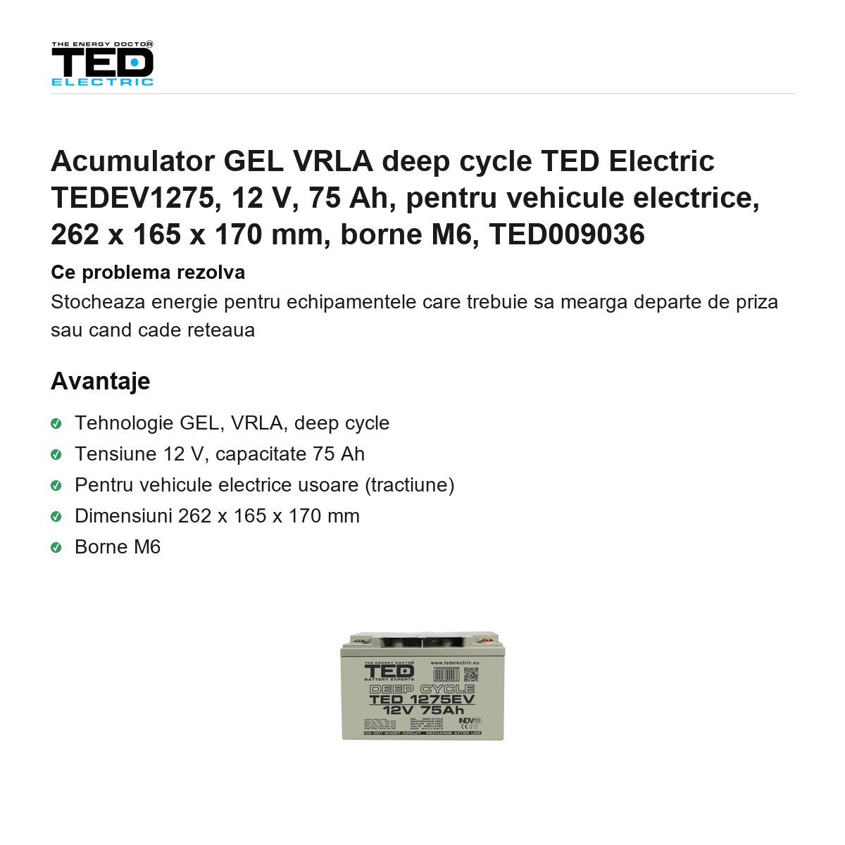 Acumulator GEL VRLA deep cycle TED Electric TEDEV1275, 12 V, 75 Ah, pentru vehicule electrice, 262 x 165 x 170 mm, borne M6, TED009036 [1]