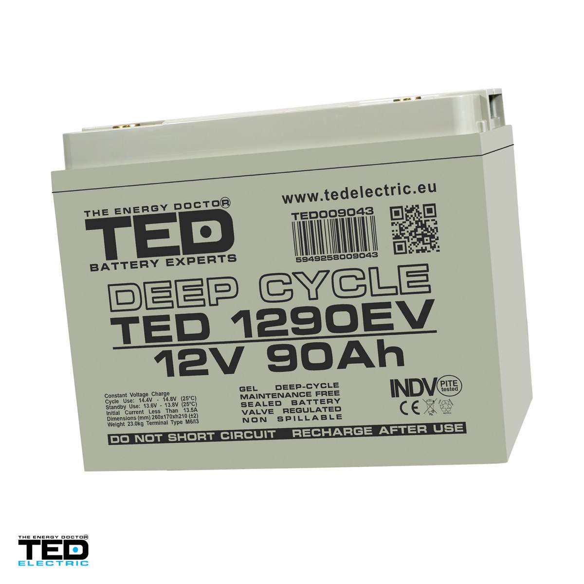 Energy - Acumulator GEL VRLA deep cycle TED Electric TEDEV1290, 12 V, 90 Ah, pentru vehicule electrice, 260 x 170 x 210 mm, borne M6, TED009043