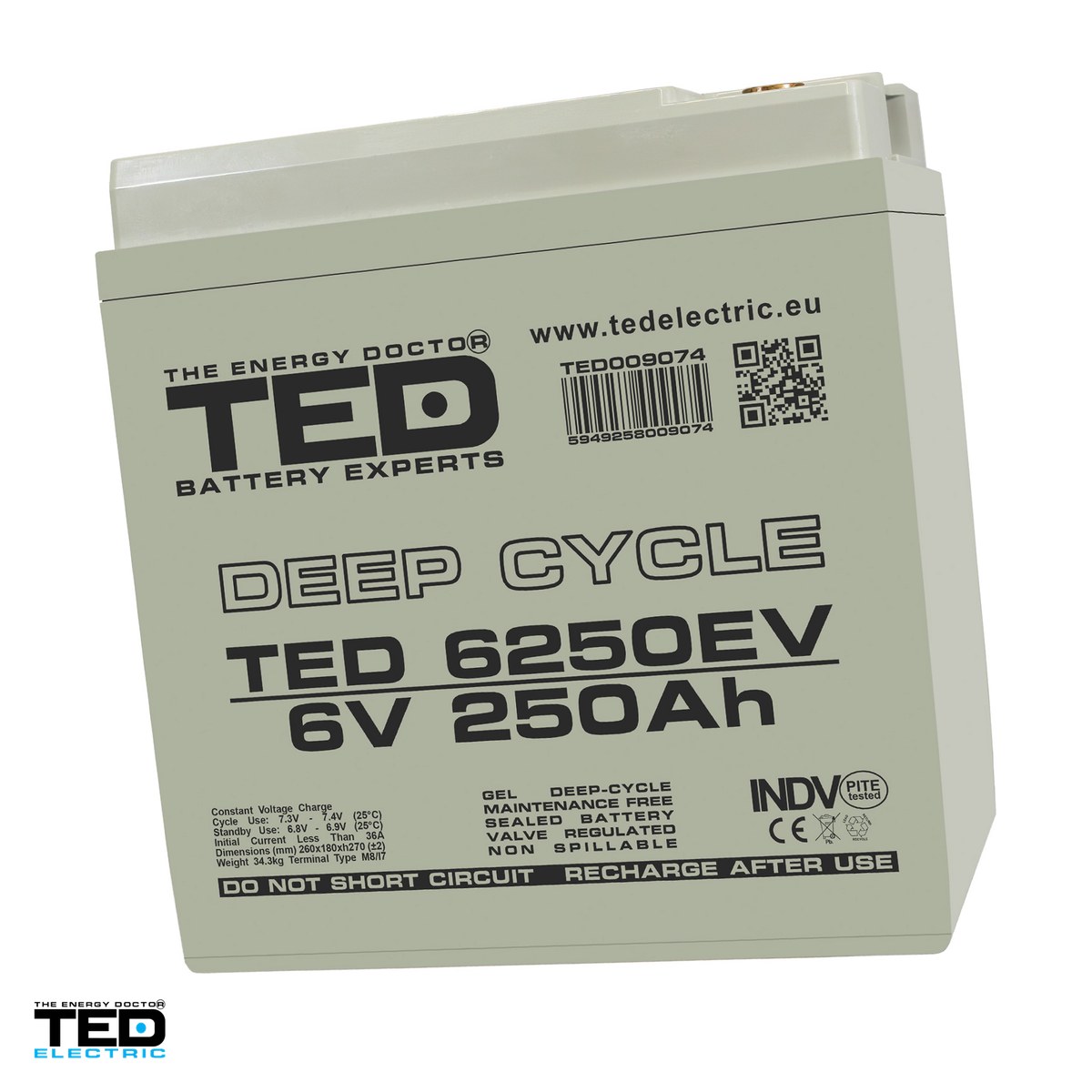 Energy - Acumulator GEL VRLA deep cycle TED Electric TEDEV6250, 6 V, 250 Ah, pentru vehicule electrice, 260 x 180 x 270 mm, borne M8, TED009074