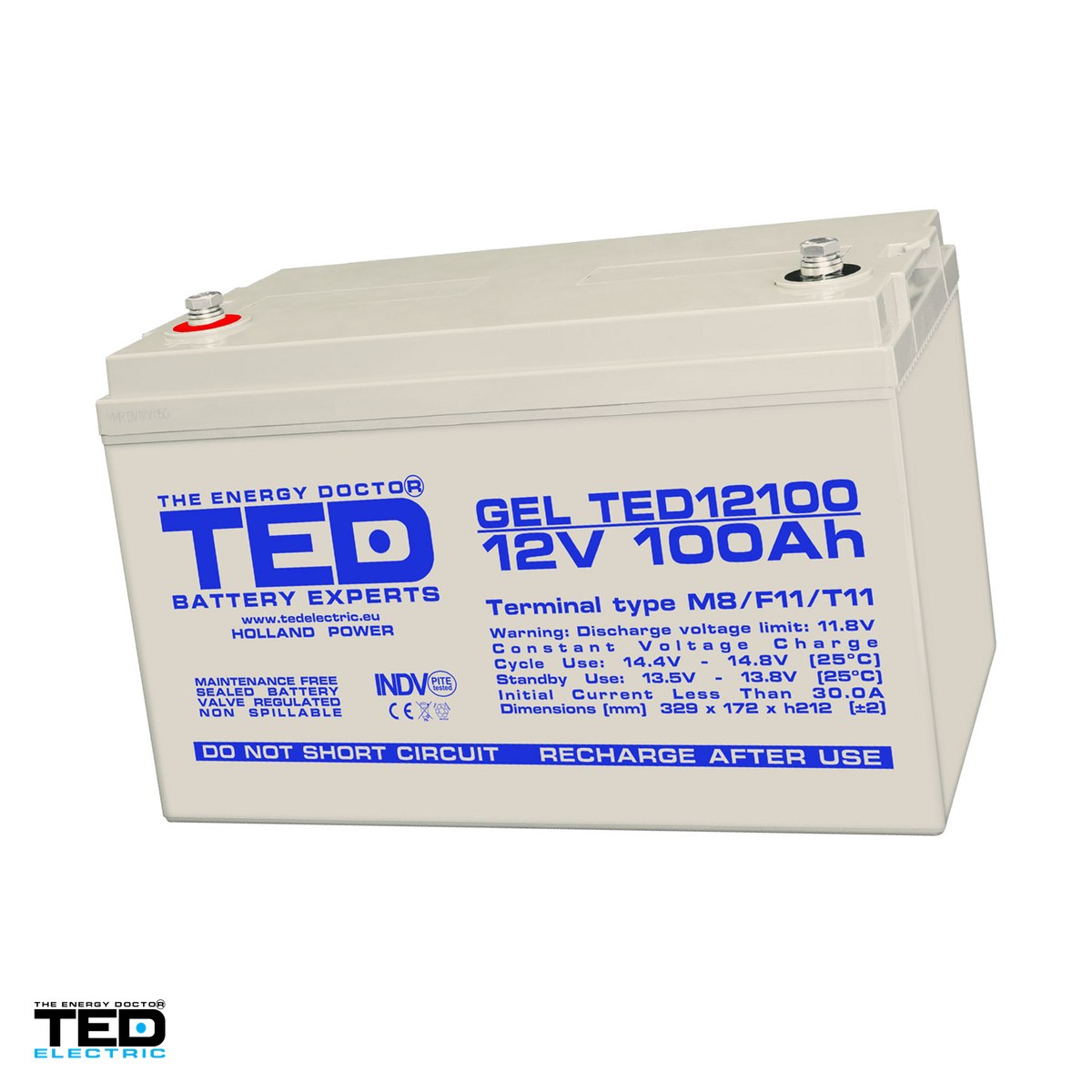 Energy - Acumulator GEL VRLA deep cycle TED Electric TED12100, 12 V, 100 Ah, 329 x 172 x 212 mm, borne M8, TED004147