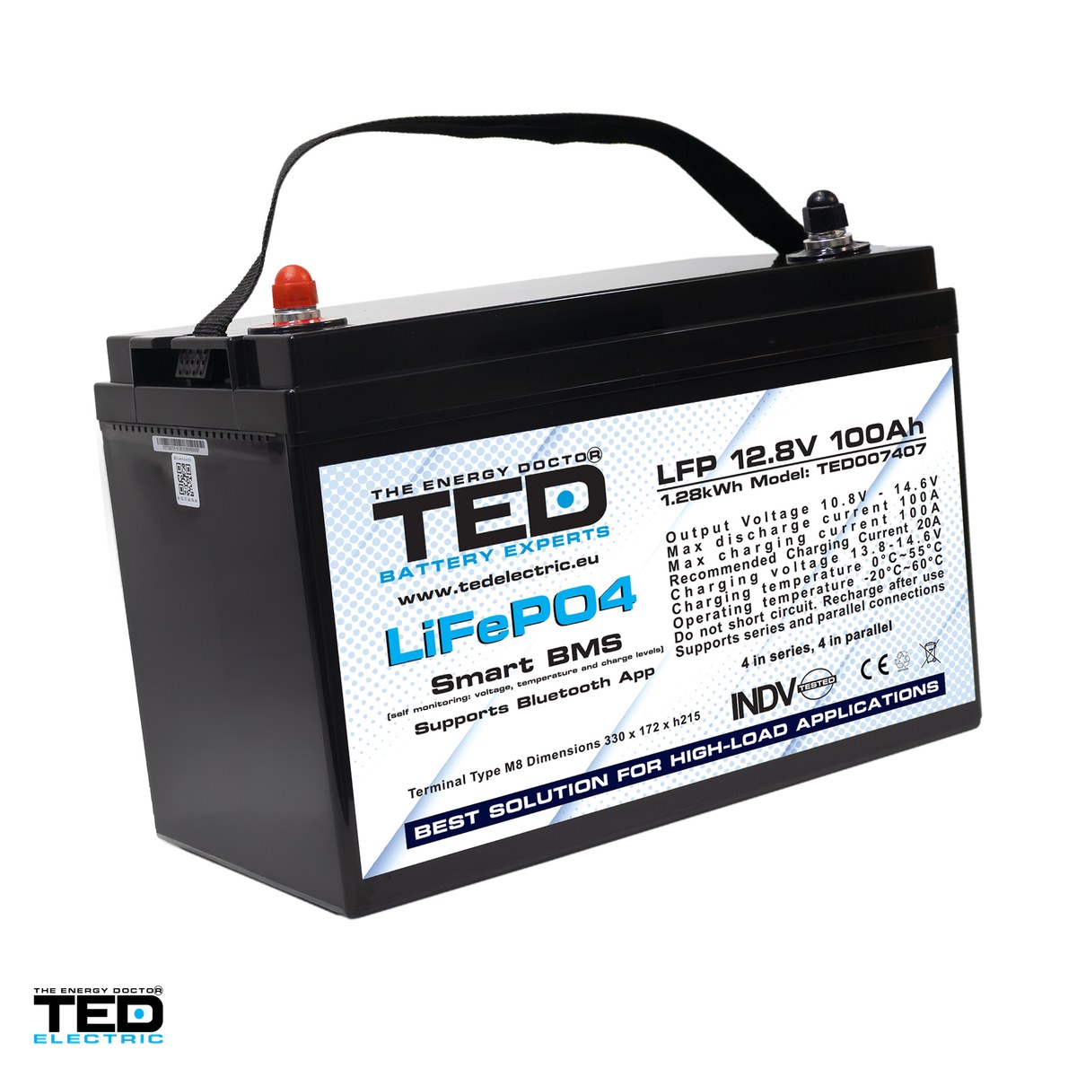 Baterii LiFePO4 - Acumulator LiFePO4 TED Electric 12,8 V, 100 Ah, 1280 Wh, BMS integrat, Bluetooth, 330 x 171 x 215 mm, borne M8, TED007407