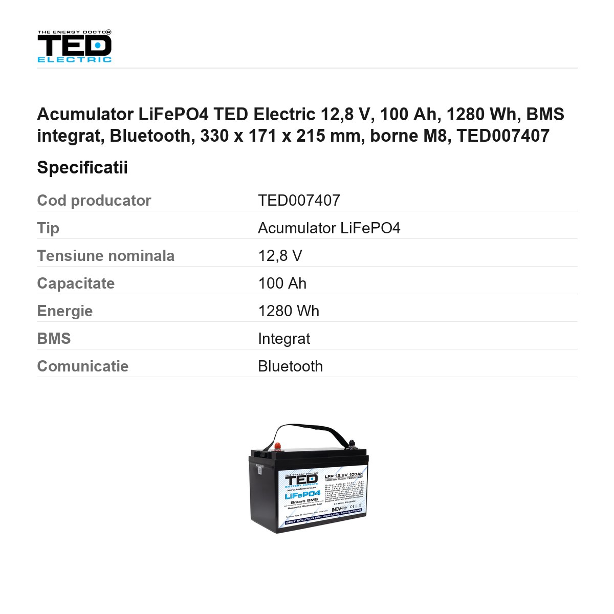 Acumulator LiFePO4 TED Electric 12,8 V, 100 Ah, 1280 Wh, BMS integrat, Bluetooth, 330 x 171 x 215 mm, borne M8, TED007407 [2]
