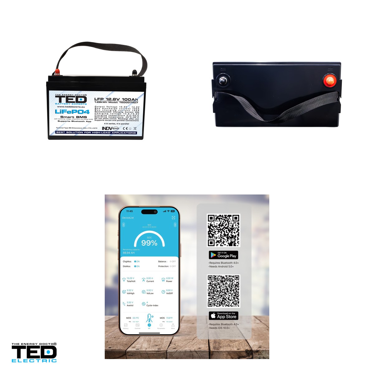 Acumulator LiFePO4 TED Electric 12,8 V, 100 Ah, 1280 Wh, BMS integrat, Bluetooth, 330 x 171 x 215 mm, borne M8, TED007407 [3]