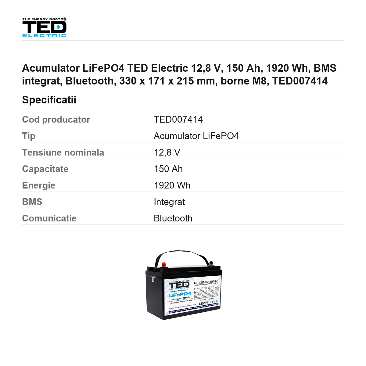 Acumulator LiFePO4 TED Electric 12,8 V, 150 Ah, 1920 Wh, BMS integrat, Bluetooth, 330 x 171 x 215 mm, borne M8, TED007414 [2]
