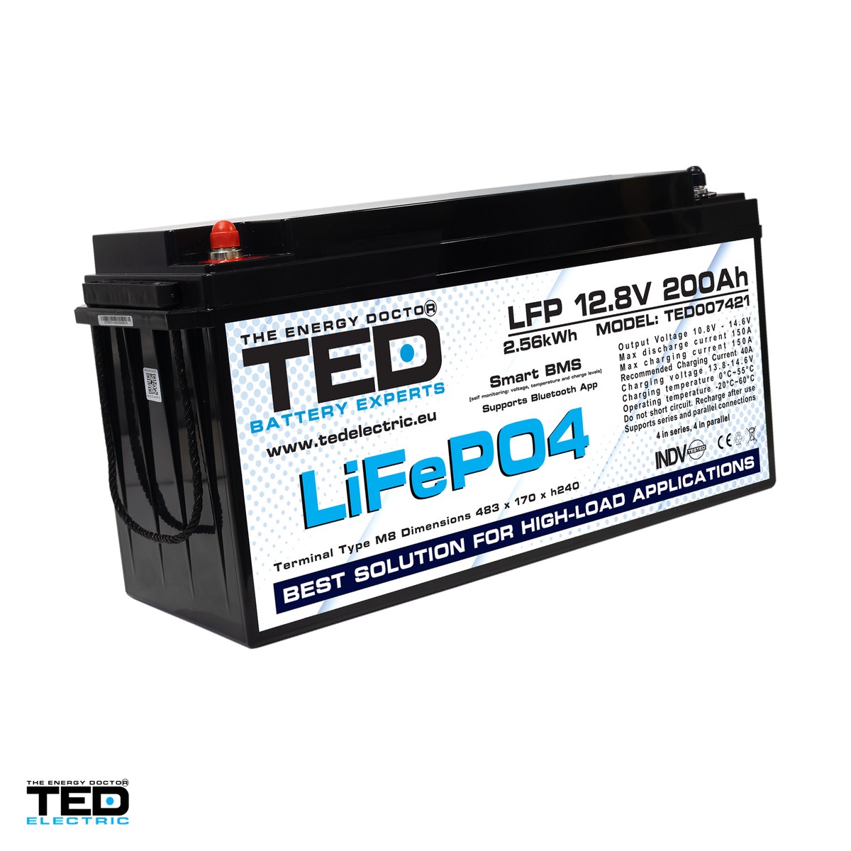 Baterii LiFePO4 - Acumulator LiFePO4 TED Electric 12,8 V, 200 Ah, 2560 Wh, BMS integrat, Bluetooth, 484 x 170 x 240 mm, borne M8, TED007421