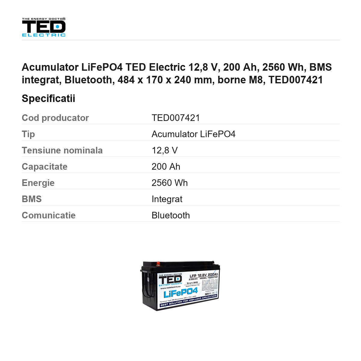 Acumulator LiFePO4 TED Electric 12,8 V, 200 Ah, 2560 Wh, BMS integrat, Bluetooth, 484 x 170 x 240 mm, borne M8, TED007421 [2]