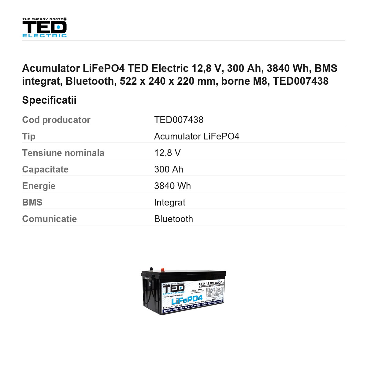 Acumulator LiFePO4 TED Electric 12,8 V, 300 Ah, 3840 Wh, BMS integrat, Bluetooth, 522 x 240 x 220 mm, borne M8, TED007438 [2]