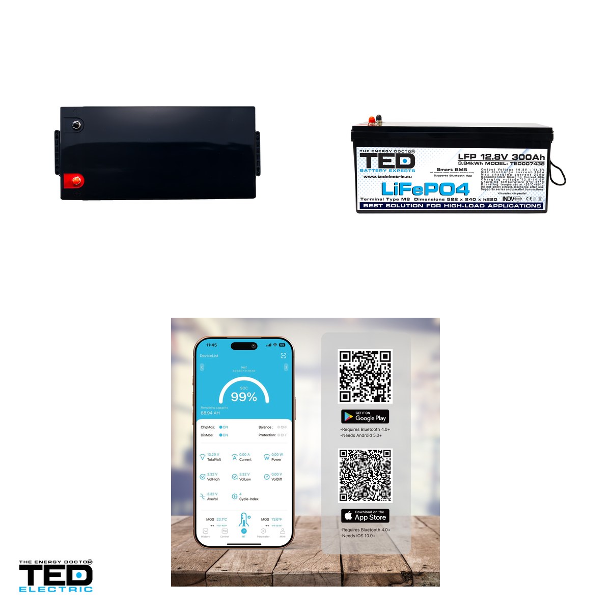 Acumulator LiFePO4 TED Electric 12,8 V, 300 Ah, 3840 Wh, BMS integrat, Bluetooth, 522 x 240 x 220 mm, borne M8, TED007438 [3]