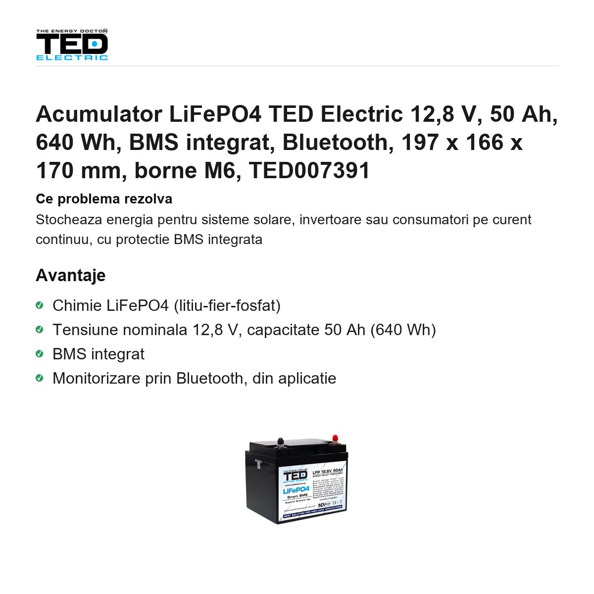Acumulator LiFePO4 TED Electric 12,8 V, 50 Ah, 640 Wh, BMS integrat, Bluetooth, 197 x 166 x 170 mm, borne M6, TED007391 [1]