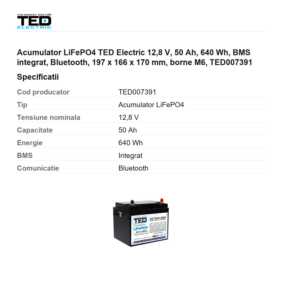 Acumulator LiFePO4 TED Electric 12,8 V, 50 Ah, 640 Wh, BMS integrat, Bluetooth, 197 x 166 x 170 mm, borne M6, TED007391 [2]
