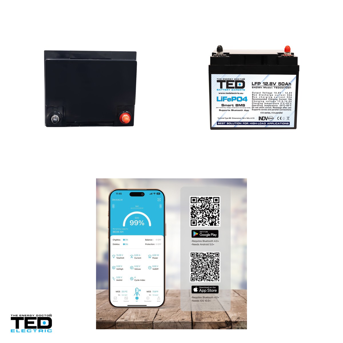 Acumulator LiFePO4 TED Electric 12,8 V, 50 Ah, 640 Wh, BMS integrat, Bluetooth, 197 x 166 x 170 mm, borne M6, TED007391 [3]