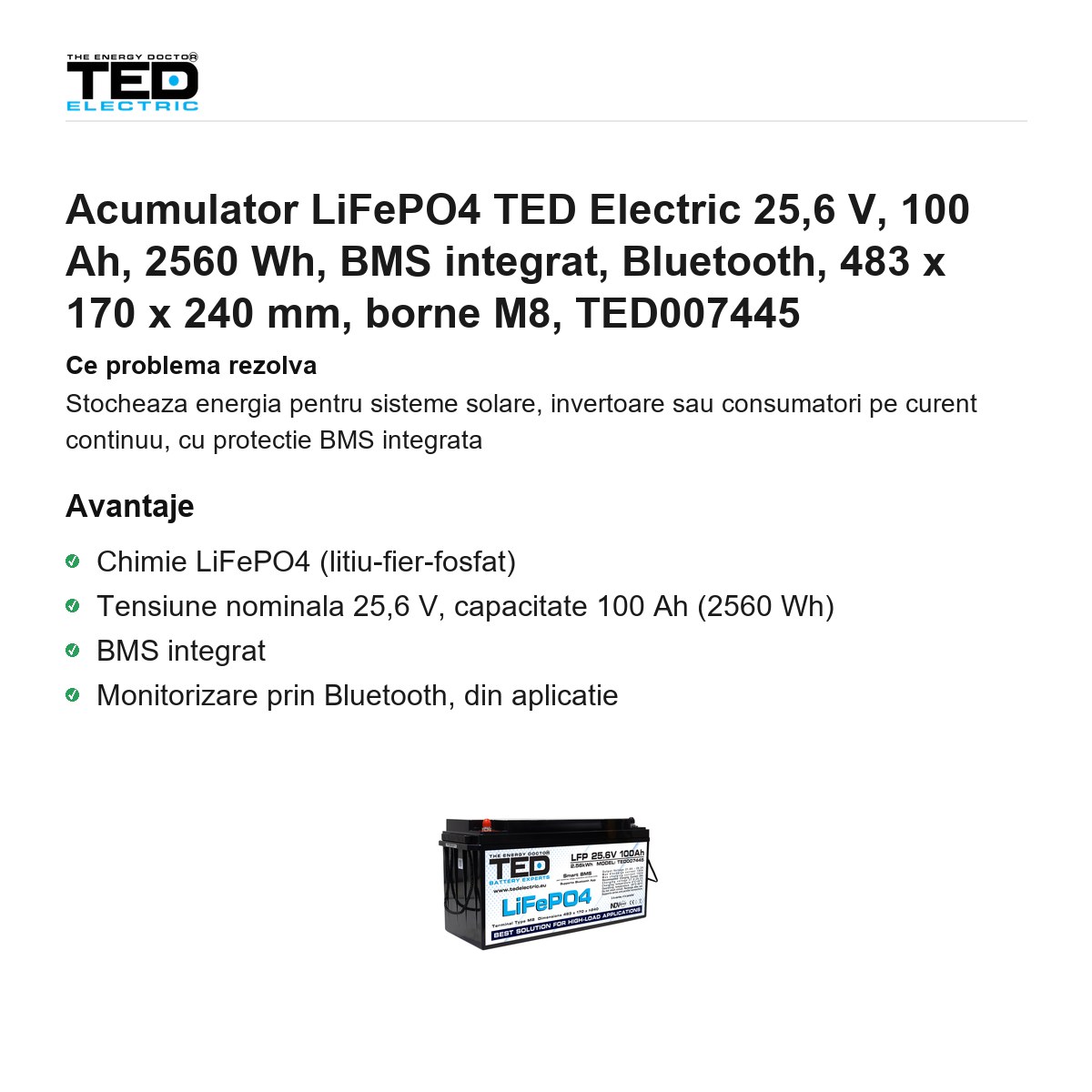 Acumulator LiFePO4 TED Electric 25,6 V, 100 Ah, 2560 Wh, BMS integrat, Bluetooth, 483 x 170 x 240 mm, borne M8, TED007445 [1]