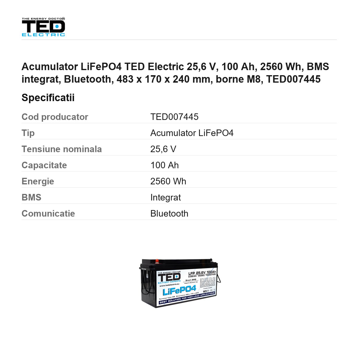 Acumulator LiFePO4 TED Electric 25,6 V, 100 Ah, 2560 Wh, BMS integrat, Bluetooth, 483 x 170 x 240 mm, borne M8, TED007445 [2]