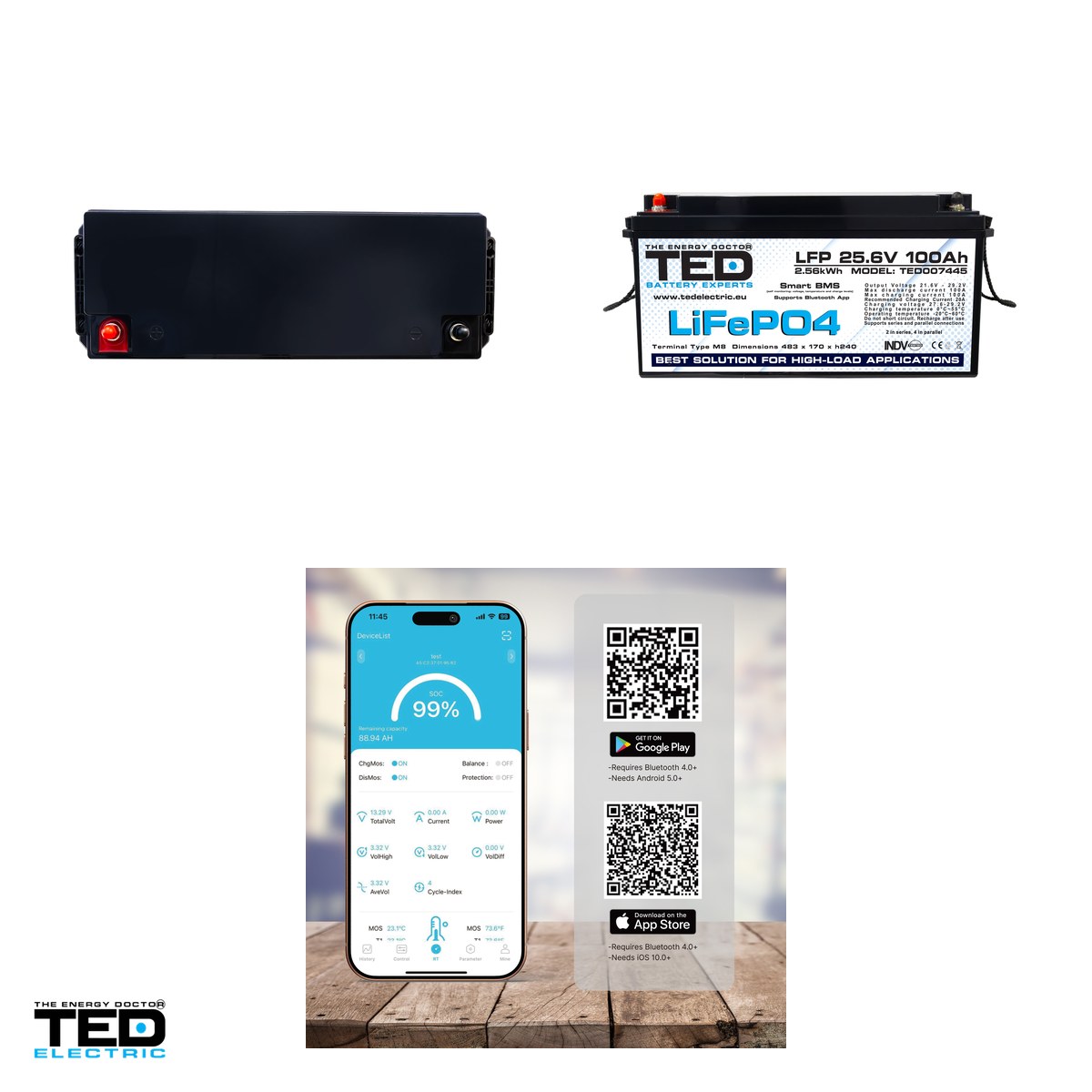 Acumulator LiFePO4 TED Electric 25,6 V, 100 Ah, 2560 Wh, BMS integrat, Bluetooth, 483 x 170 x 240 mm, borne M8, TED007445 [3]
