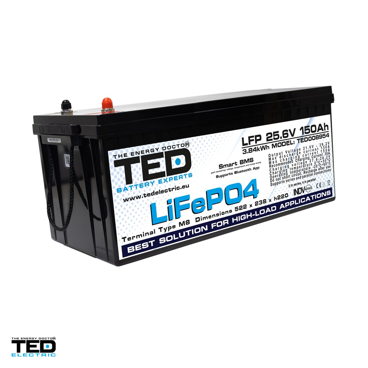 Baterii LiFePO4 - Acumulator LiFePO4 TED Electric 25,6 V, 150 Ah, 3840 Wh, BMS integrat, Bluetooth, 522 x 238 x 220 mm, borne M8, TED008954
