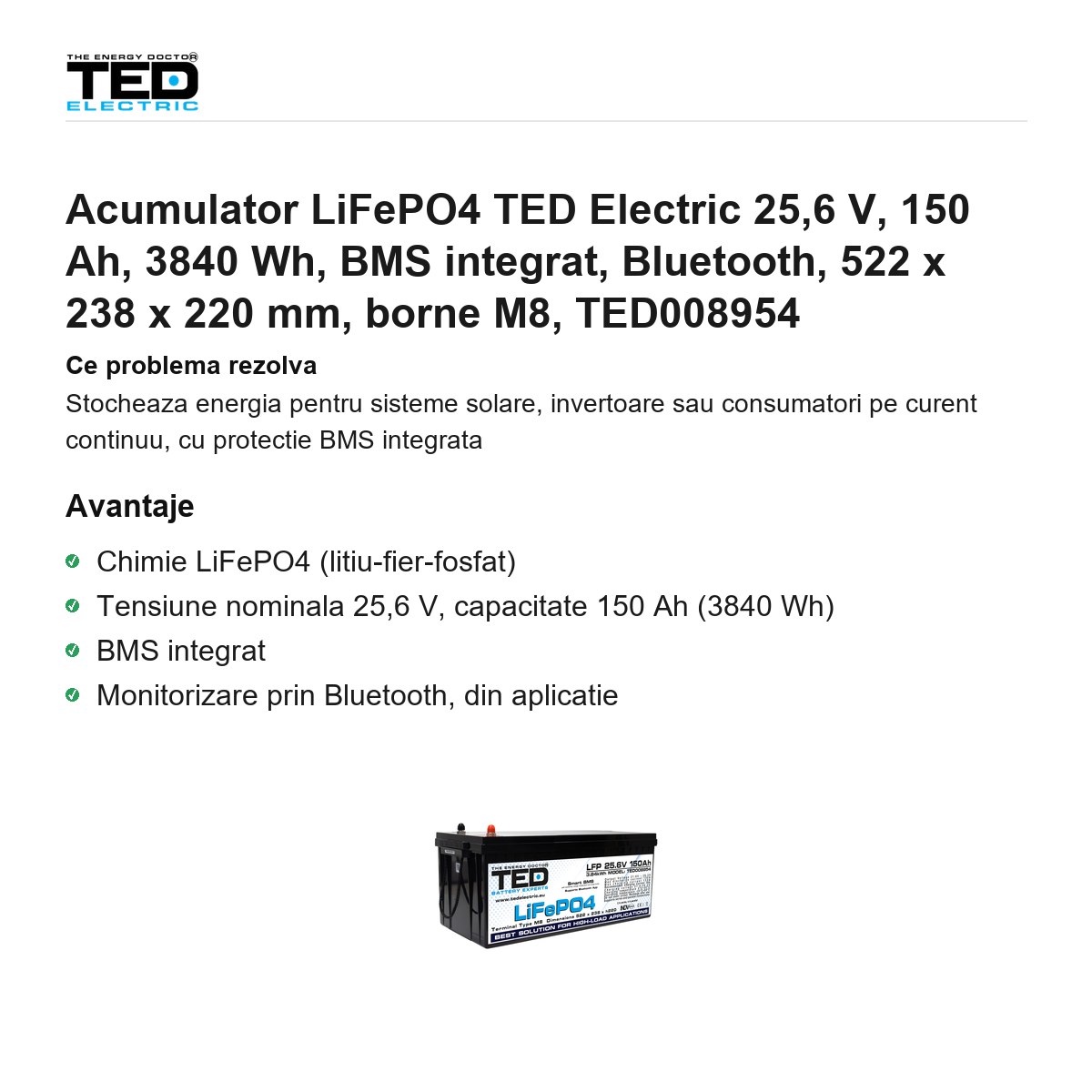 Acumulator LiFePO4 TED Electric 25,6 V, 150 Ah, 3840 Wh, BMS integrat, Bluetooth, 522 x 238 x 220 mm, borne M8, TED008954 [1]