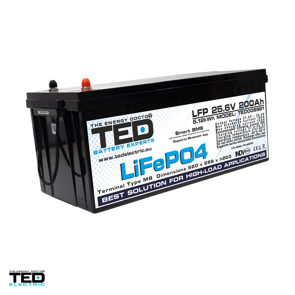 Baterii LiFePO4 - Acumulator LiFePO4 TED Electric 25,6 V, 200 Ah, 5120 Wh, BMS integrat, Bluetooth, 520 x 269 x 220 mm, borne M8, TED008961