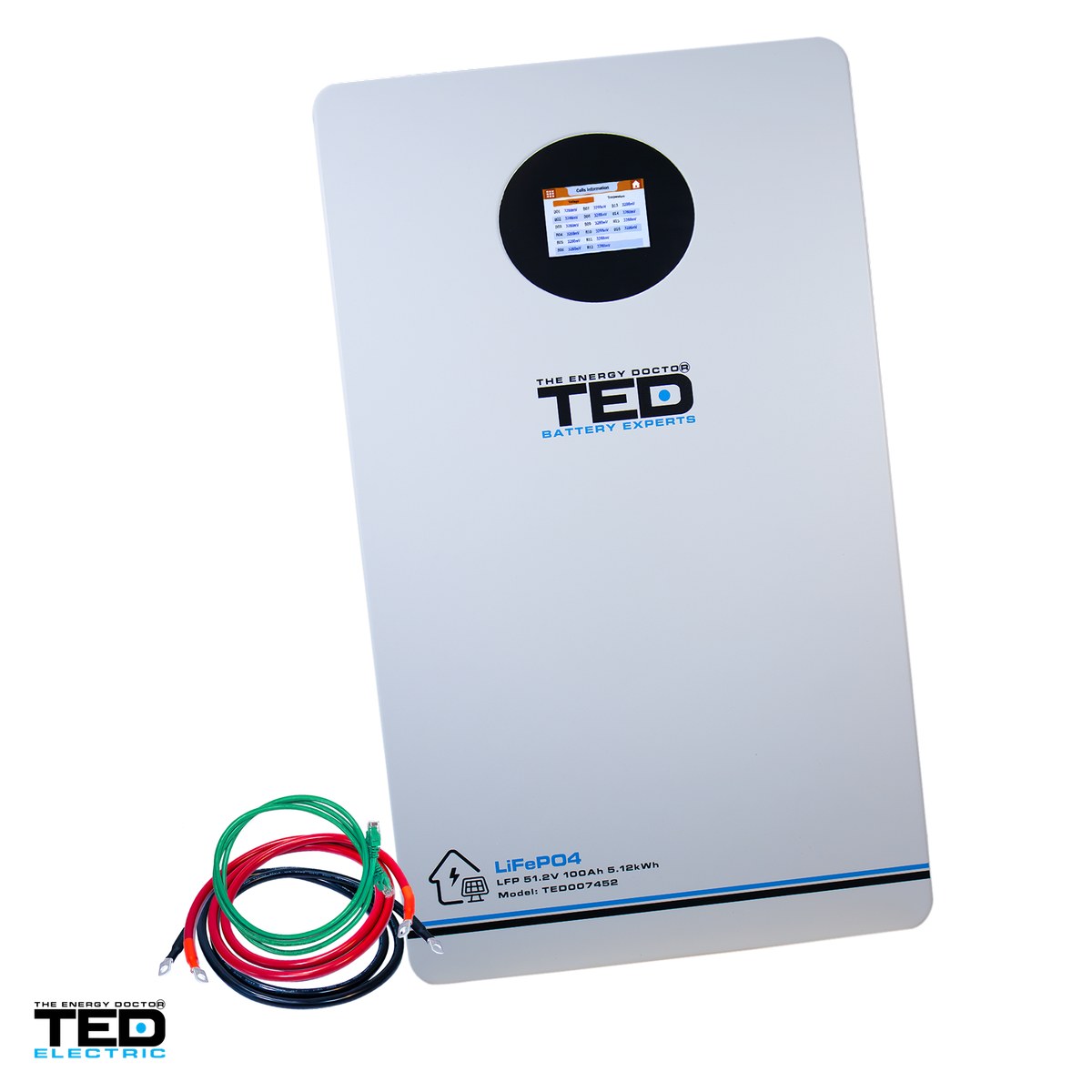 Baterii LiFePO4 - Acumulator LiFePO4 TED Electric 51,2 V, 100 Ah, 5,12 kWh, montaj pe perete, BMS, Wi-Fi, Bluetooth, ecran LCD, 625 x 420 x 154 mm, TED007452