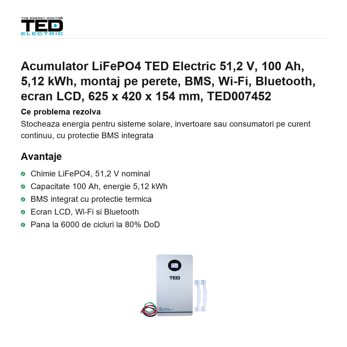 Acumulator LiFePO4 TED Electric 51,2 V, 100 Ah, 5,12 kWh, montaj pe perete, BMS, Wi-Fi, Bluetooth, ecran LCD, 625 x 420 x 154 mm, TED007452 [1]
