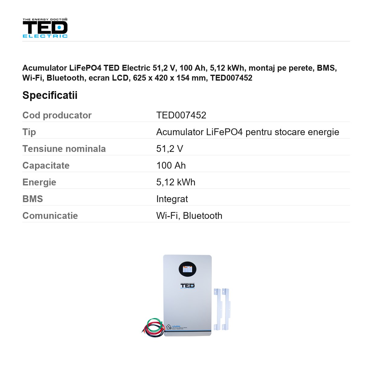 Acumulator LiFePO4 TED Electric 51,2 V, 100 Ah, 5,12 kWh, montaj pe perete, BMS, Wi-Fi, Bluetooth, ecran LCD, 625 x 420 x 154 mm, TED007452 [2]