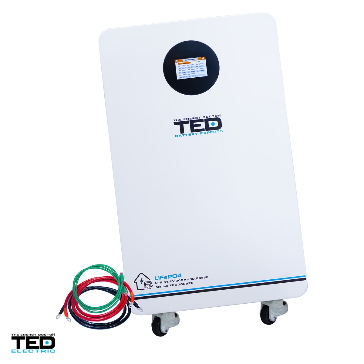 Baterii LiFePO4 - Acumulator LiFePO4 TED Electric 51,2 V, 200 Ah, 10,24 kWh, montaj pe perete sau pe podea, BMS, Wi-Fi, Bluetooth, ecran LCD, 745 x 415 x 235 mm, TED008978