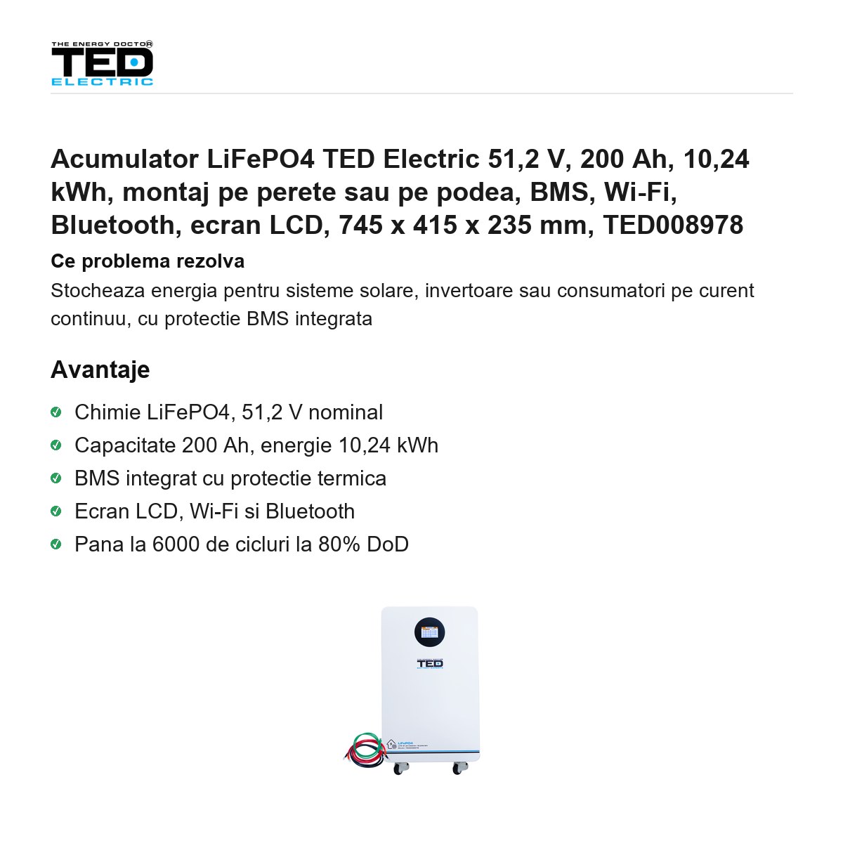 Acumulator LiFePO4 TED Electric 51,2 V, 200 Ah, 10,24 kWh, montaj pe perete sau pe podea, BMS, Wi-Fi, Bluetooth, ecran LCD, 745 x 415 x 235 mm, TED008978 [1]