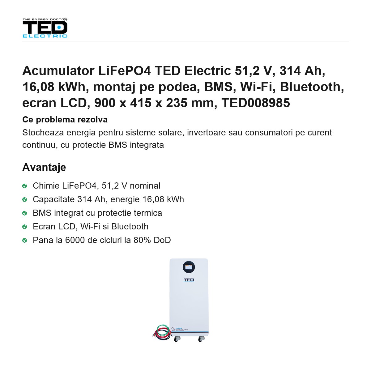 Acumulator LiFePO4 TED Electric 51,2 V, 314 Ah, 16,08 kWh, montaj pe podea, BMS, Wi-Fi, Bluetooth, ecran LCD, 900 x 415 x 235 mm, TED008985 [1]