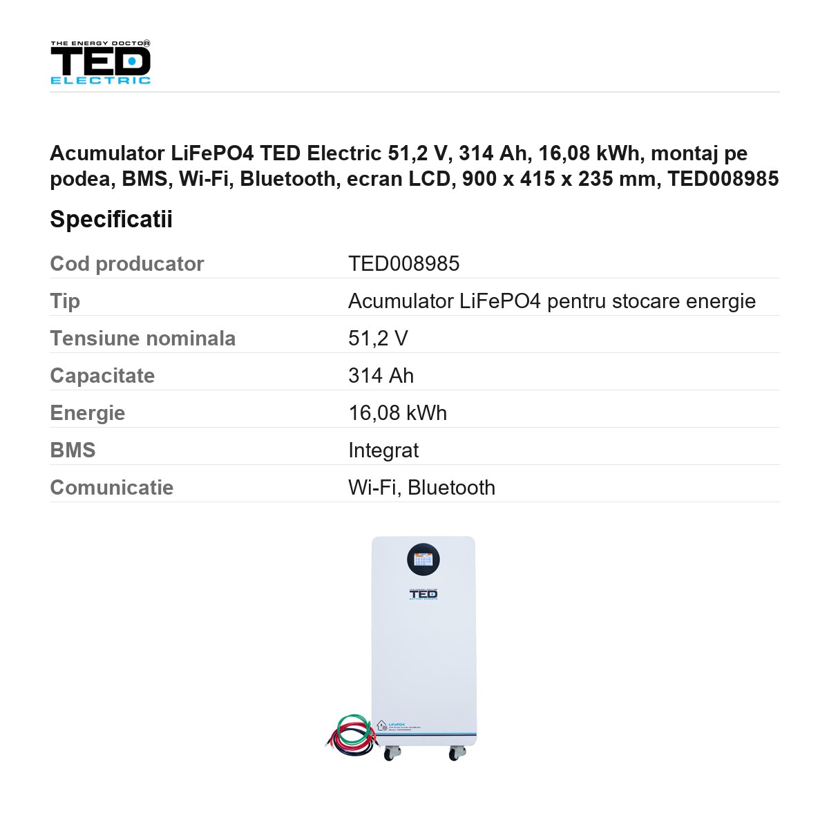 Acumulator LiFePO4 TED Electric 51,2 V, 314 Ah, 16,08 kWh, montaj pe podea, BMS, Wi-Fi, Bluetooth, ecran LCD, 900 x 415 x 235 mm, TED008985 [2]