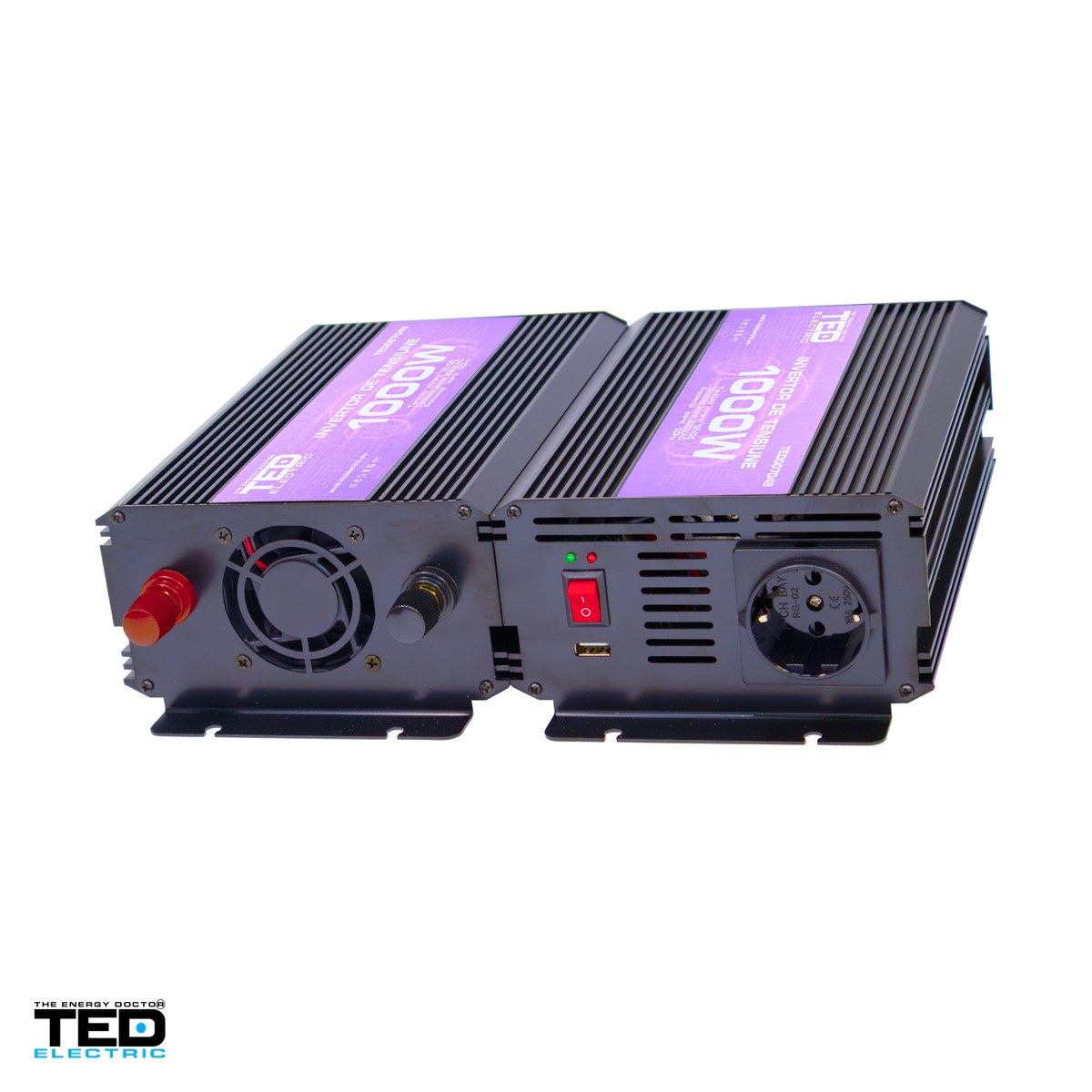 Invertoare tensiune - Invertor auto TED Electric TED007049, 12 V la 230 V, 1000 W (varf 2000 W), unda sinusoidala modificata, 1 priza Schuko si 1 port USB, carcasa metalica, cabluri pentru baterie incluse