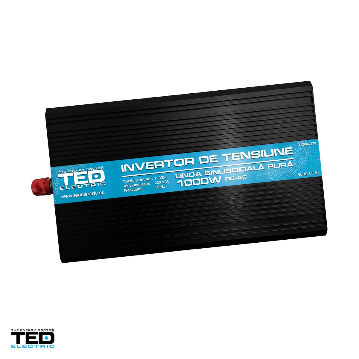 Invertoare tensiune - Invertor auto TED Electric TED000378, 12 V la 230 V, 1000 W (varf 2000 W), unda sinusoidala pura, 2 prize Schuko si 1 port USB, afisaj digital, cabluri pentru baterie incluse