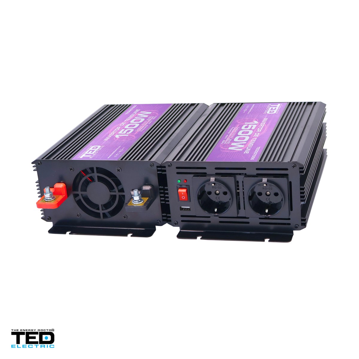 Invertoare tensiune - Invertor auto TED Electric TED007056, 12 V la 230 V, 1500 W (varf 3000 W), unda sinusoidala modificata, 2 prize Schuko si 1 port USB, carcasa metalica, cabluri pentru baterie incluse
