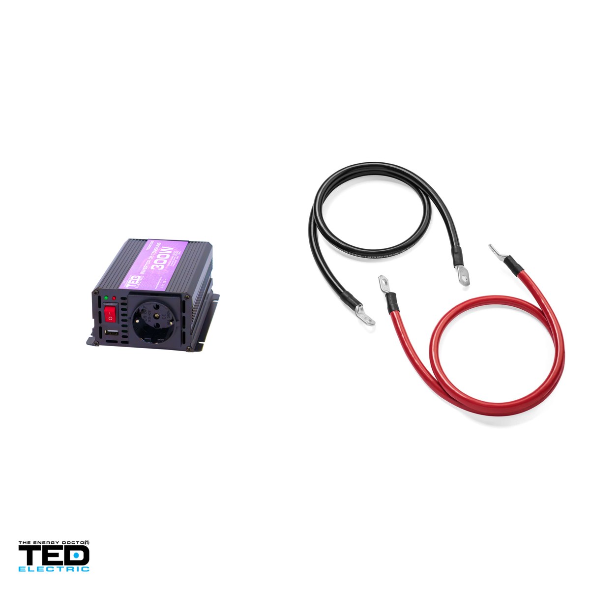 Invertor auto TED Electric TED007025, 12 V la 230 V, 300 W (varf 600 W), unda sinusoidala modificata, 1 priza Schuko si 1 port USB, carcasa metalica, cabluri pentru baterie incluse [3]