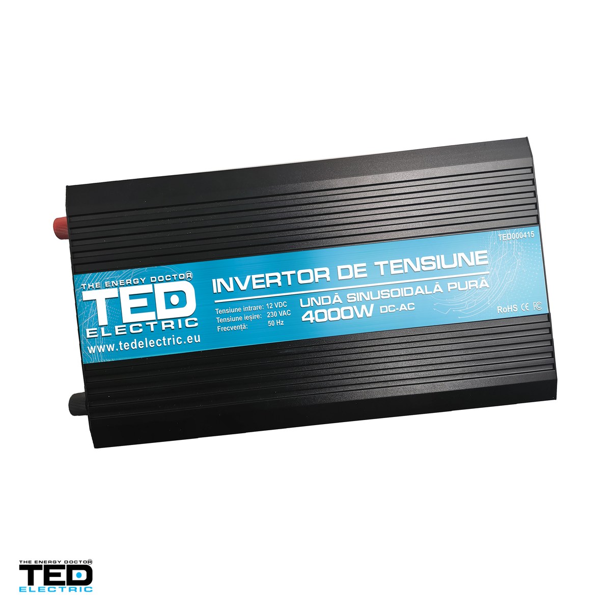 Invertoare tensiune - Invertor auto TED Electric TED000415, 12 V la 230 V, 4000 W (varf 8000 W), unda sinusoidala pura, 2 prize Schuko si 1 port USB, afisaj digital, cabluri pentru baterie incluse
