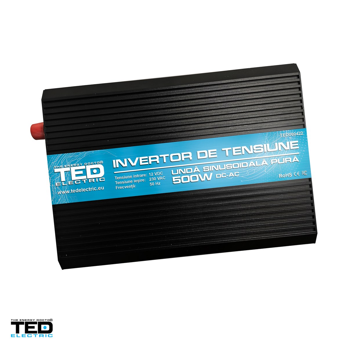 Invertoare tensiune - Invertor auto TED Electric TED000422, 12 V la 230 V, 500 W (varf 1000 W), unda sinusoidala pura, 2 prize Schuko si 1 port USB, afisaj digital, cabluri pentru baterie incluse