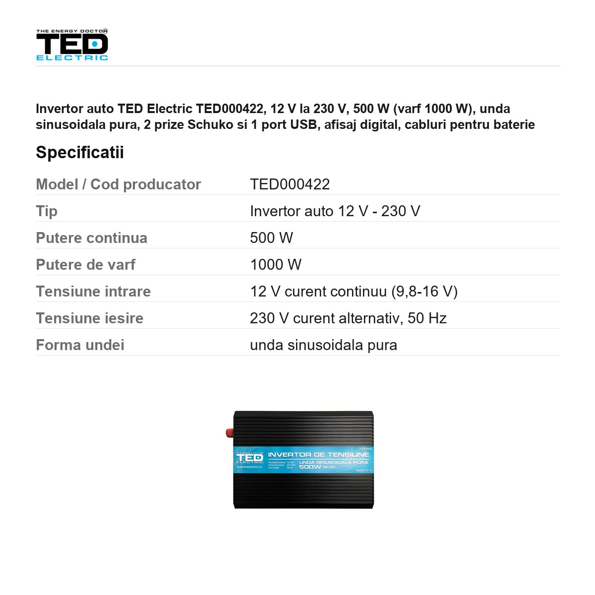 Invertor auto TED Electric TED000422, 12 V la 230 V, 500 W (varf 1000 W), unda sinusoidala pura, 2 prize Schuko si 1 port USB, afisaj digital, cabluri pentru baterie incluse [2]