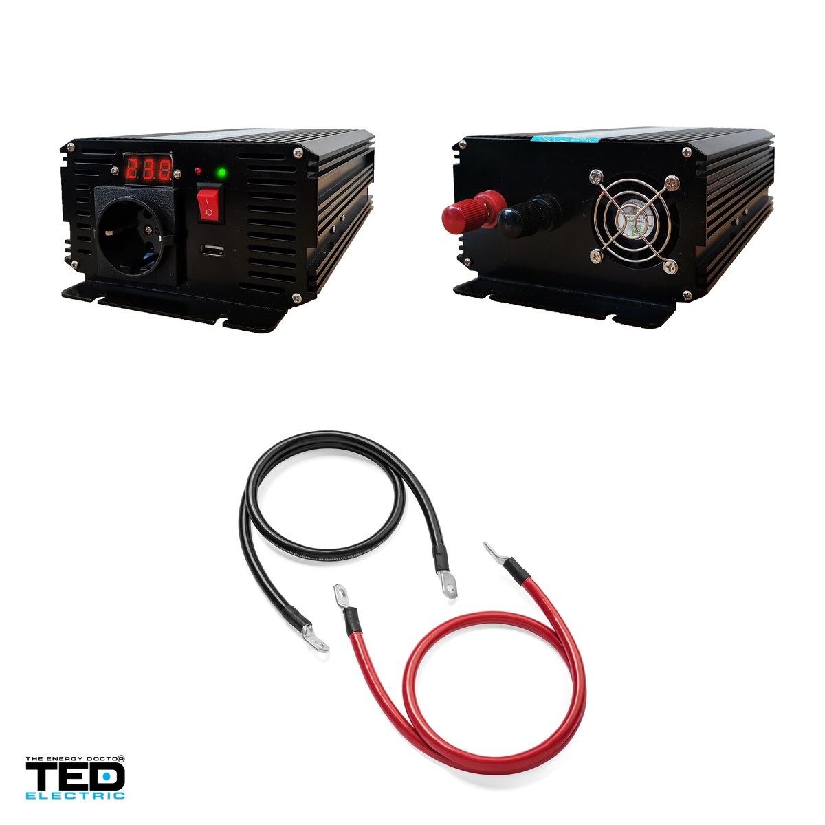 Invertor auto TED Electric TED000422, 12 V la 230 V, 500 W (varf 1000 W), unda sinusoidala pura, 2 prize Schuko si 1 port USB, afisaj digital, cabluri pentru baterie incluse [3]