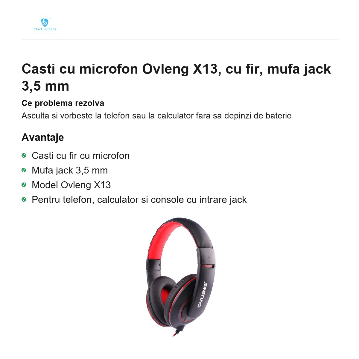 Casti cu microfon Ovleng X13, cu fir, mufa jack 3,5 mm [1]