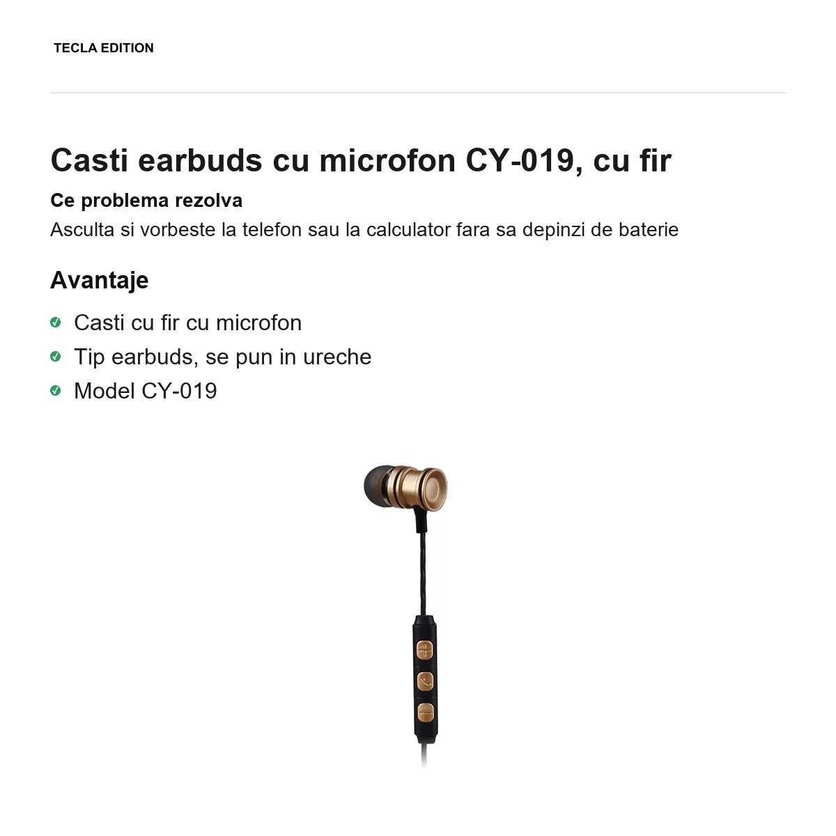 Casti earbuds cu microfon CY-019, cu fir [1]